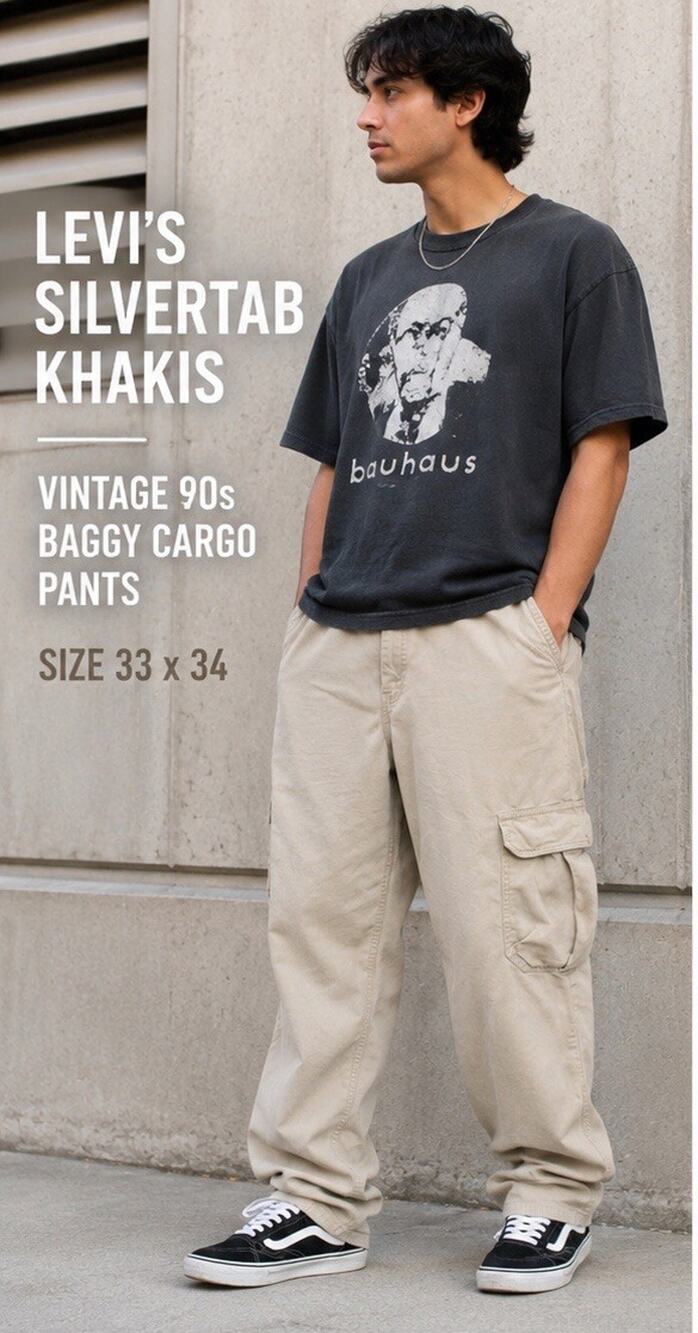 Vintage Levis Silvertab Khaki Cargo Pants Mens 33x34 Beige 1990s Baggy Wide Leg
